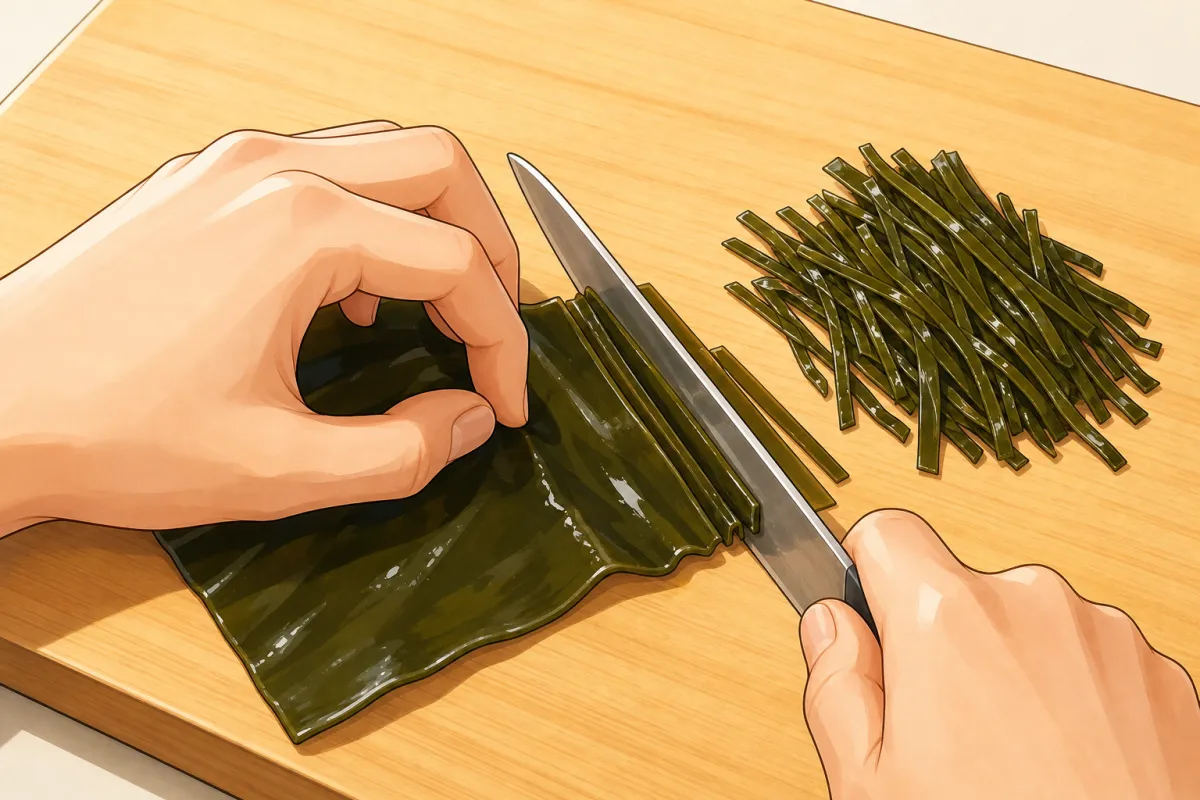 Cut the soft used kombu into thin 3 cm strips.