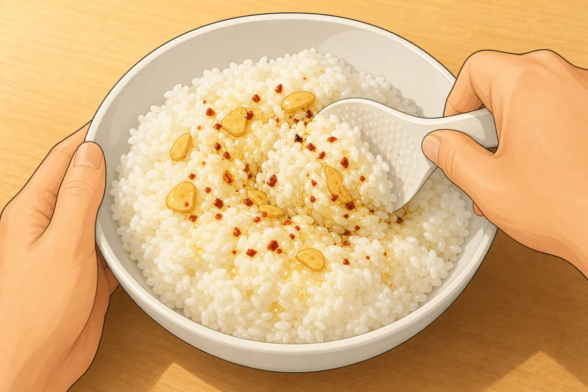 Fold the oil and garlic through the rice, about 1 tsp per onigiri.