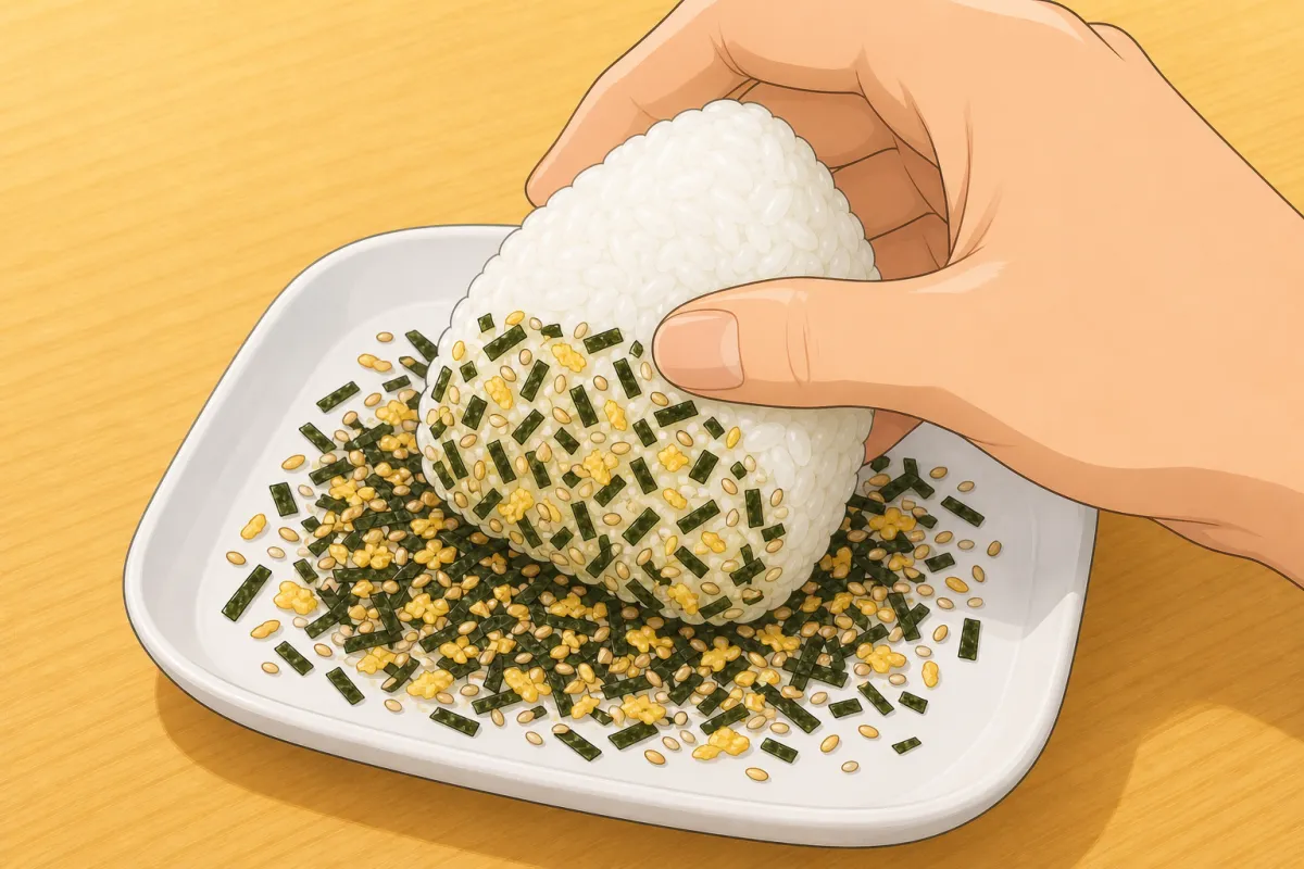 Flip it over and push the button to pop the onigiri out.