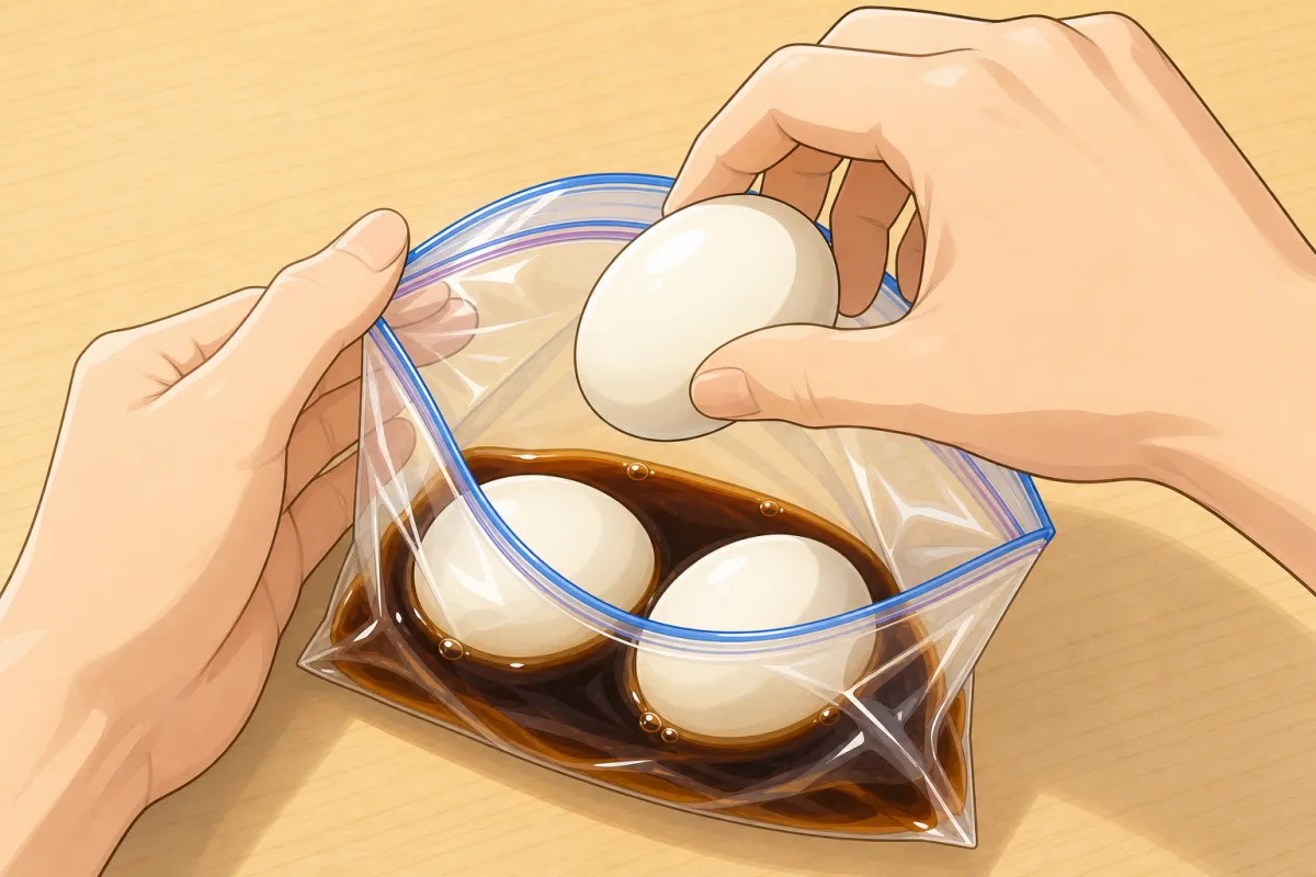 Peel the cooled eggs, then into a zip bag with the marinade, air pressed out.