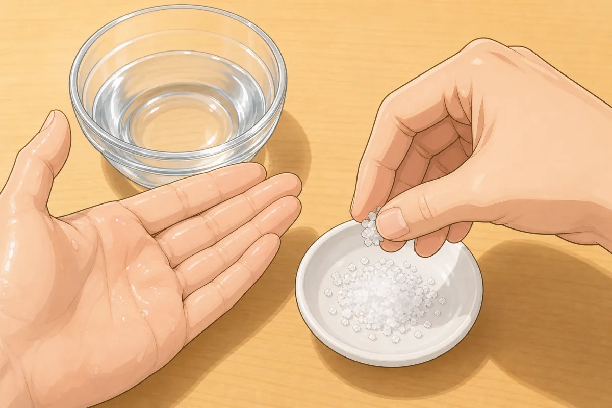 Wet both palms, then dip 2–3 fingers in kosher salt…