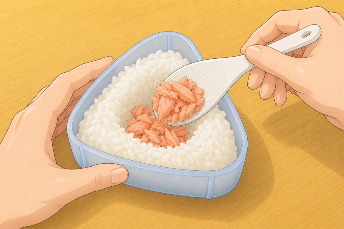 Filling in the middle, then rice to the brim.