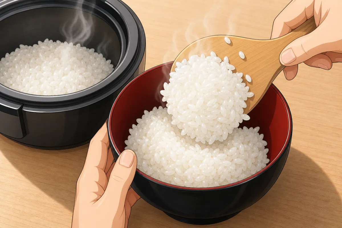 Scoop the hot rice in loosely with a damp paddle — don't press it down.