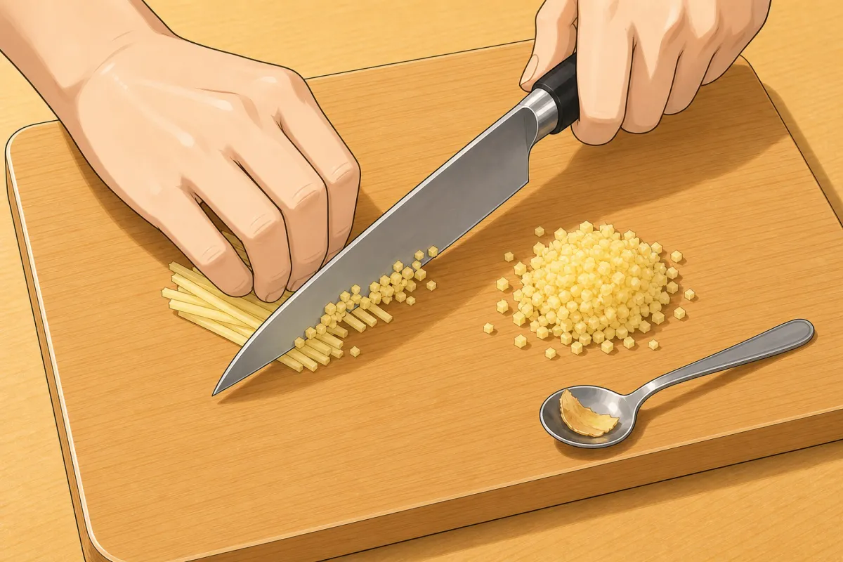 Ginger: peel with a spoon edge, slice thin, cut into matchsticks, then across into tiny cubes.
