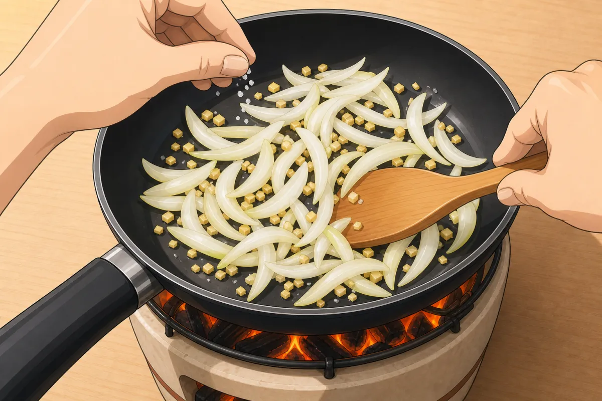 Then the onion and a pinch of salt; stir until a bit soft.
