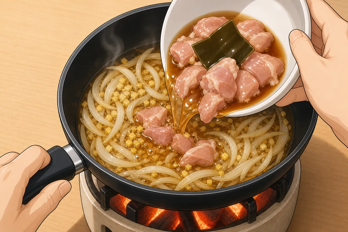 Back on medium: tip in the chicken with all of its marinade, kombu too.