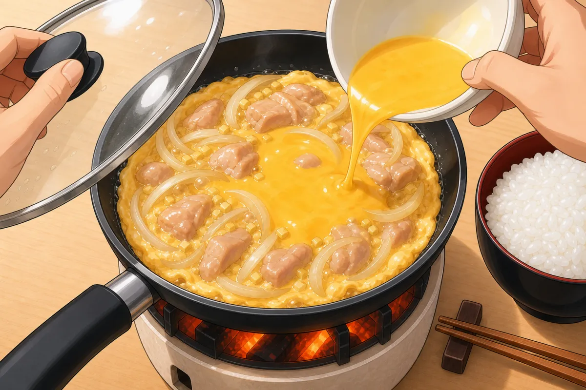 Pour the last third into the middle, where the egg is thinnest — then heat off, lid on.