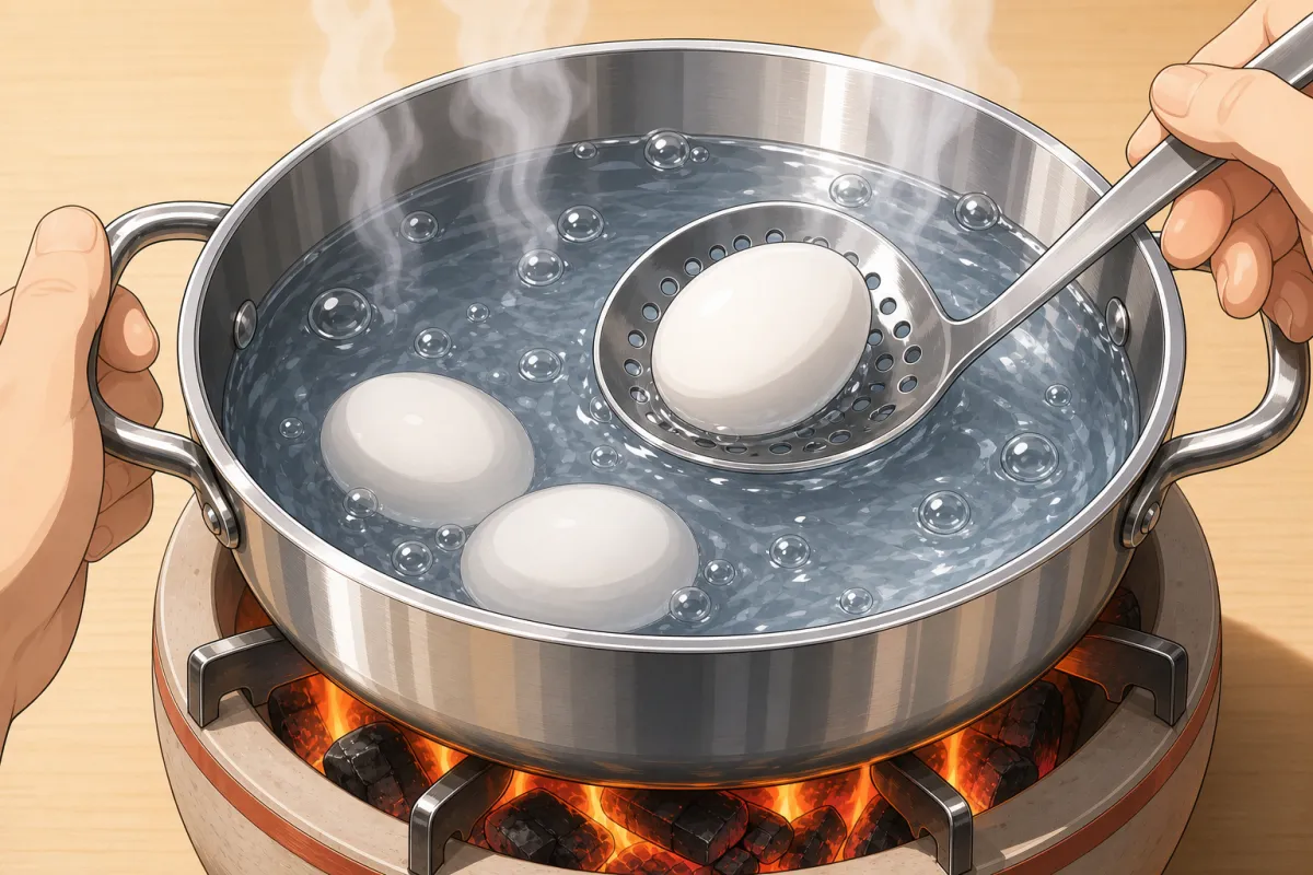 Lower each egg gently on a spoon into the boiling water.