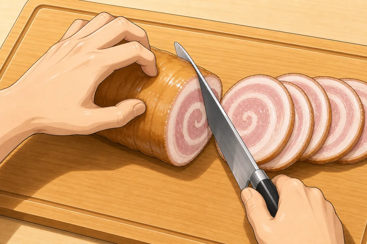 Slice into 5 mm rounds, fingertips tucked.