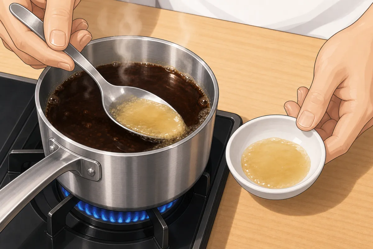 Skim the fat off the strained liquid, then reduce by a third.