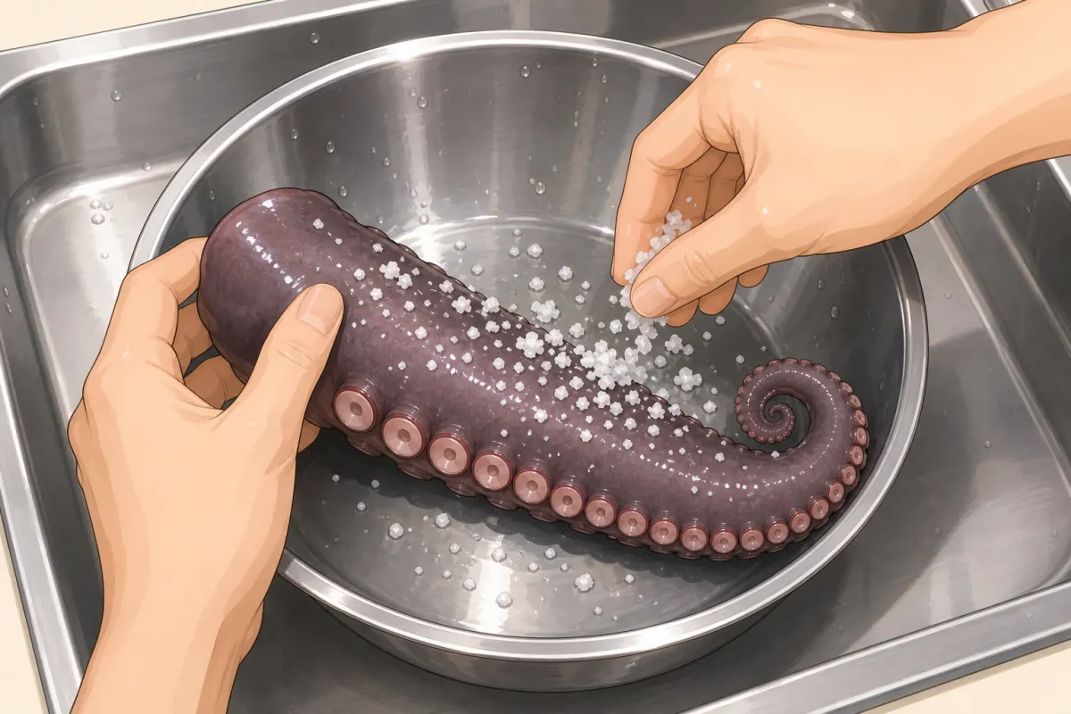 Raw tentacles: rub with salt, then rinse the slime off.