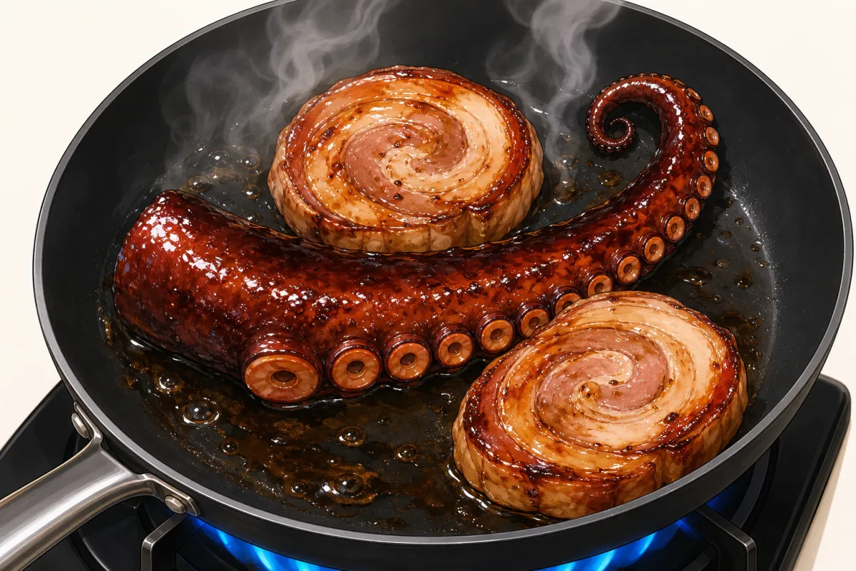 Sear chashu; sear the octopus with soy