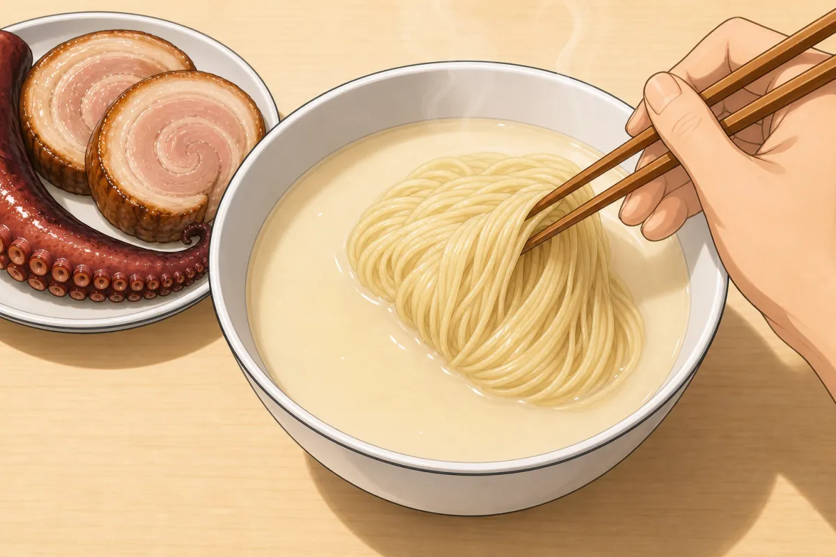 Fold the noodles into the broth, then lay the toppings on.