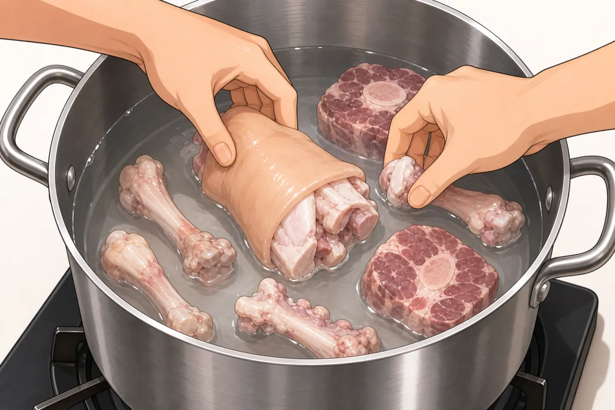 Cover all the bones with cold water, then bring it to a hard boil.