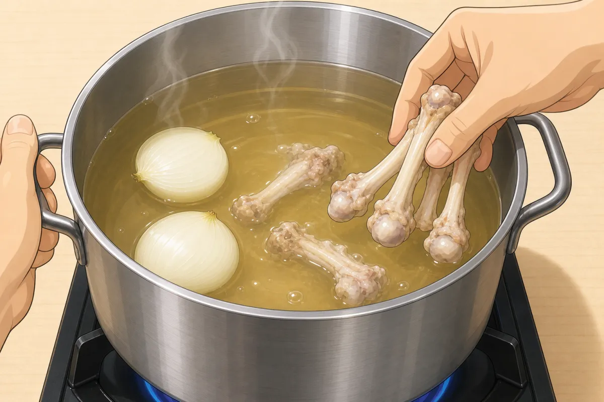 Chicken bones and onion go into the dashi first.