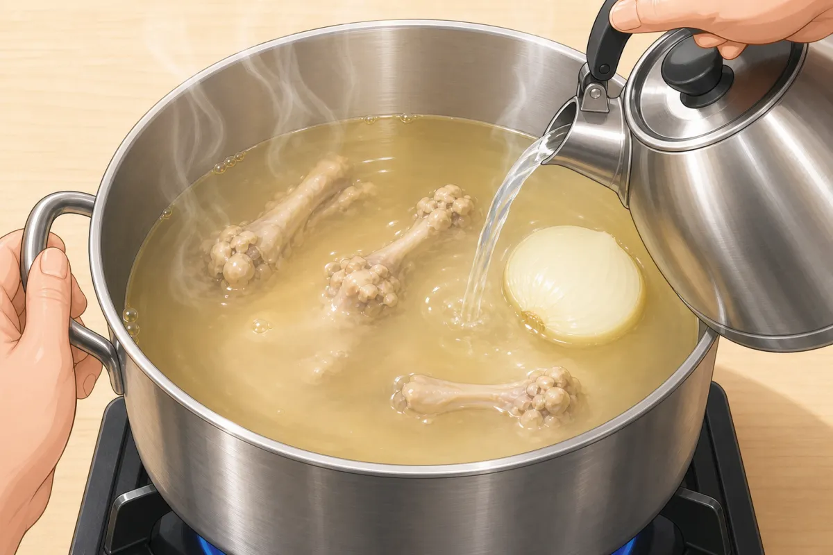 Keep it at a low simmer; top up with boiling water when the bones poke out.