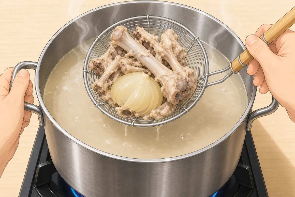After 6–8 hours, lift the chicken bones and onion out with the spider.