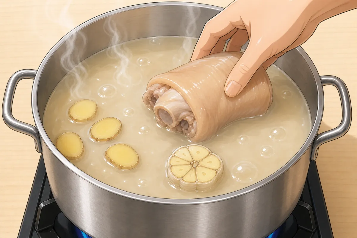 Pork knuckle, ginger and garlic go into the same broth.