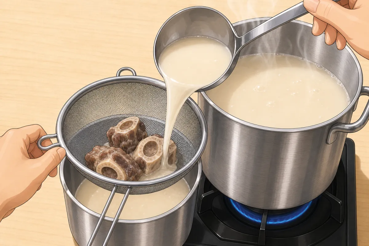Lift the beef bones out, then pour the broth through a fine sieve.