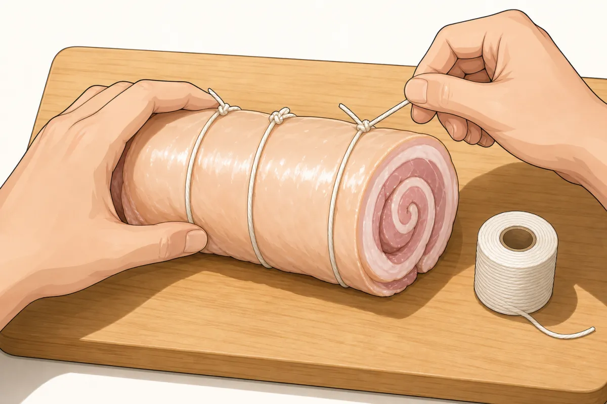Roll the belly up tightly from a long side, skin side out, and tie it with string every 2 cm.