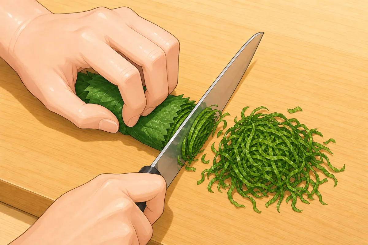 Stack the shiso, roll from the stem end, slice into thin strips.
