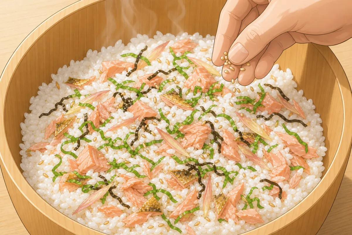 Scatter everything over the hot rice.