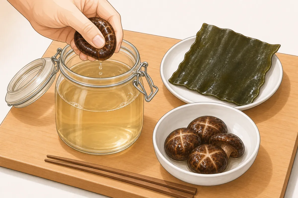 Lift out the kombu and shiitake, squeeze the shiitake gently over the jar, then pour through a fine sieve.