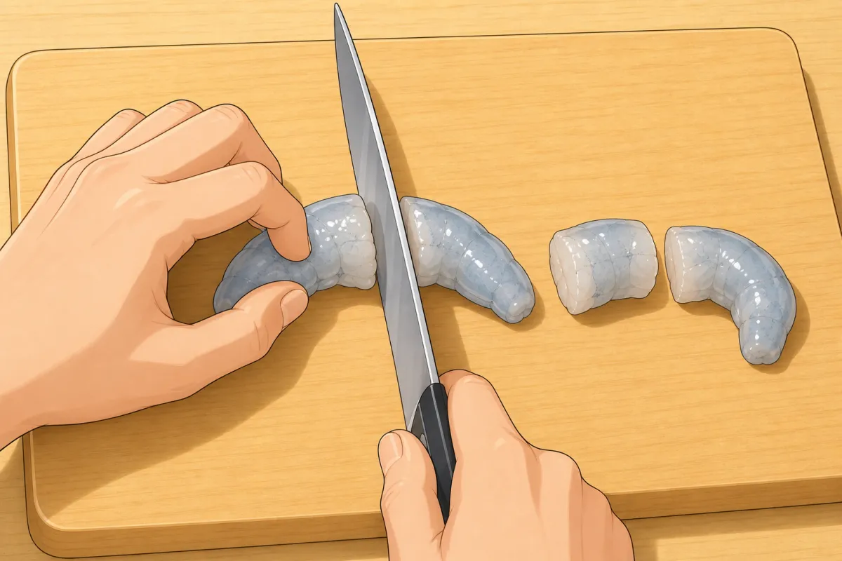 Claw grip, then cut along the back, all the way through, into two long halves.
