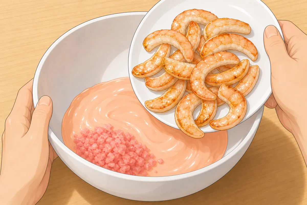 Shrimp on the rice, then drizzle the spicy mayo.