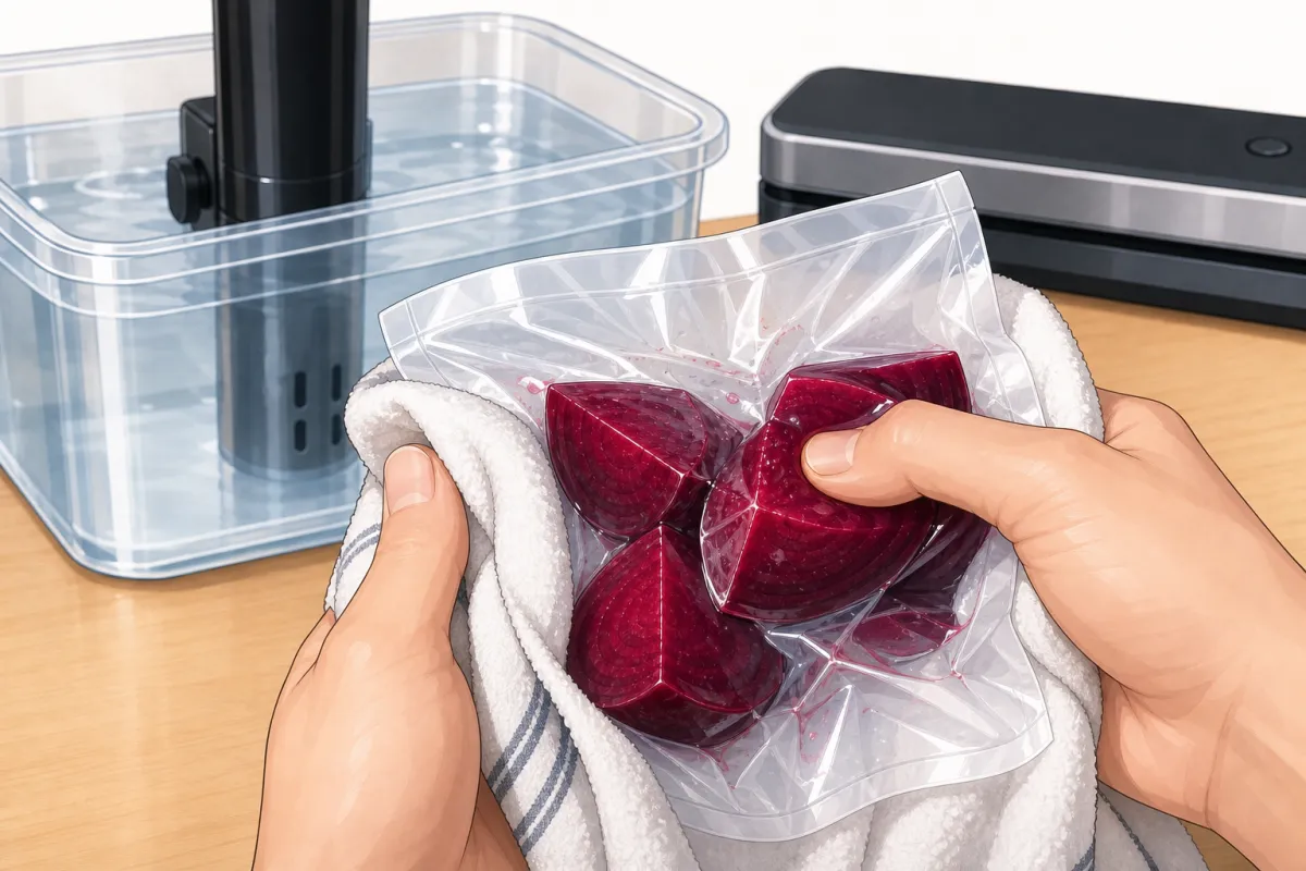 Check: squeeze a piece through the bag with a towel — it should give like a cooked potato.