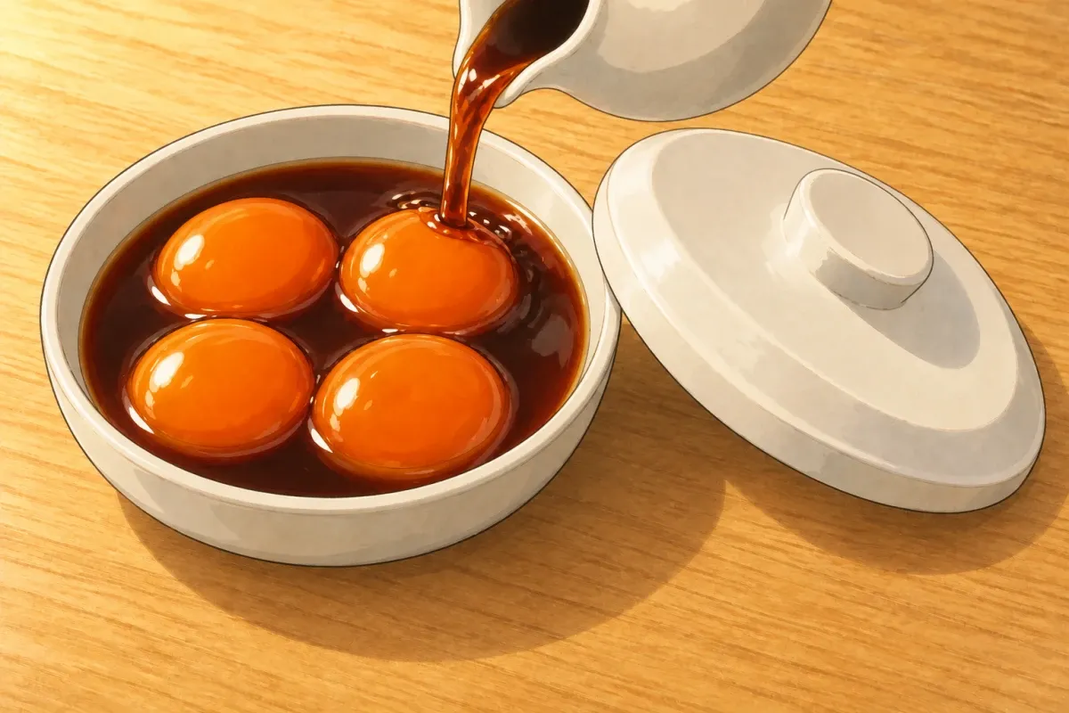 Pour soy and mirin over four yolks until just covered, then cover and refrigerate for 24 hours.