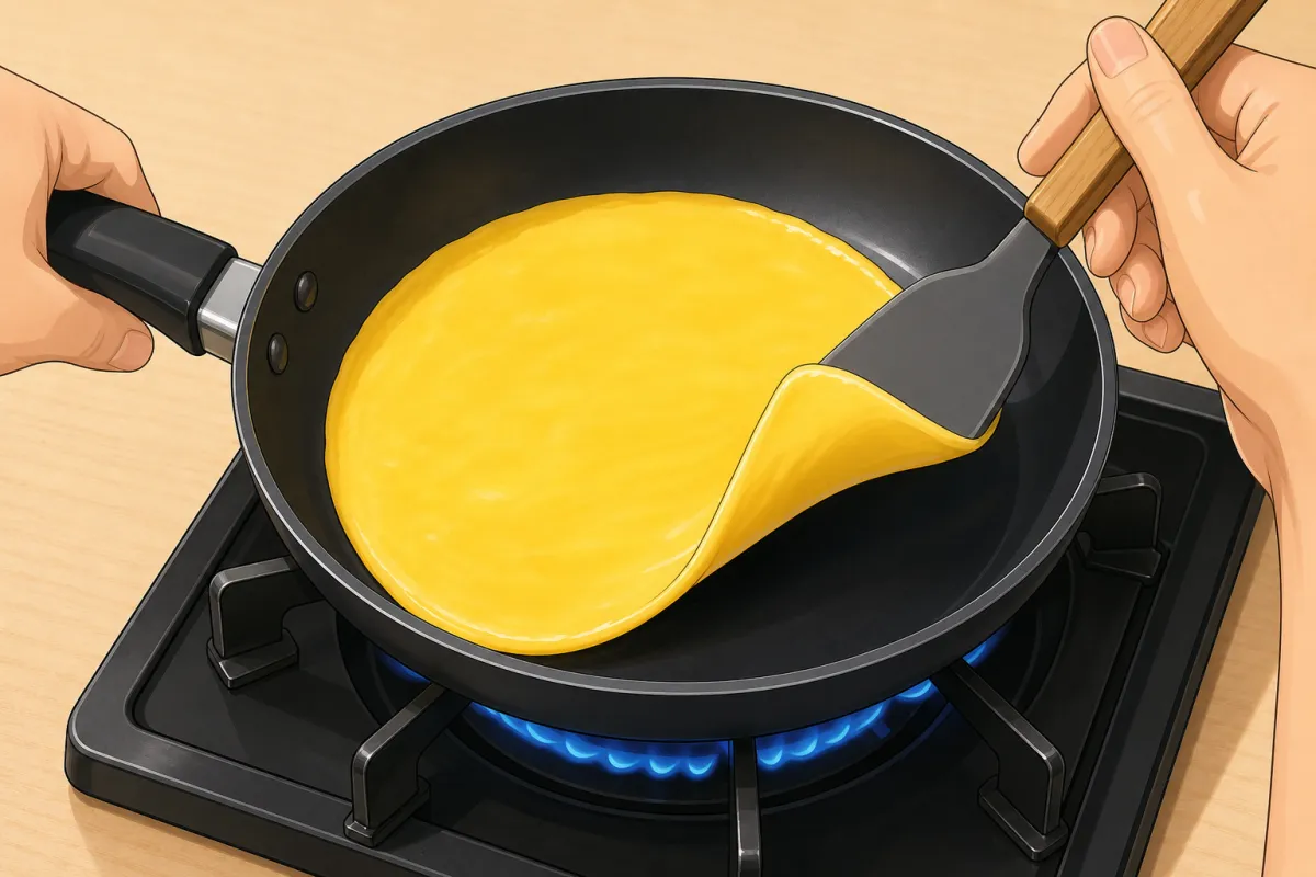 Cook the beaten egg as one thin omelette, without browning; flip once.