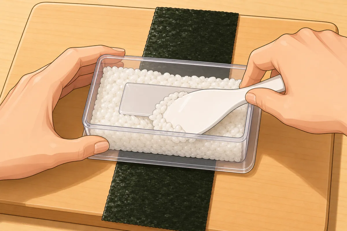 Nori strip shiny side down, mold across its middle, warm rice in about 2 cm deep.