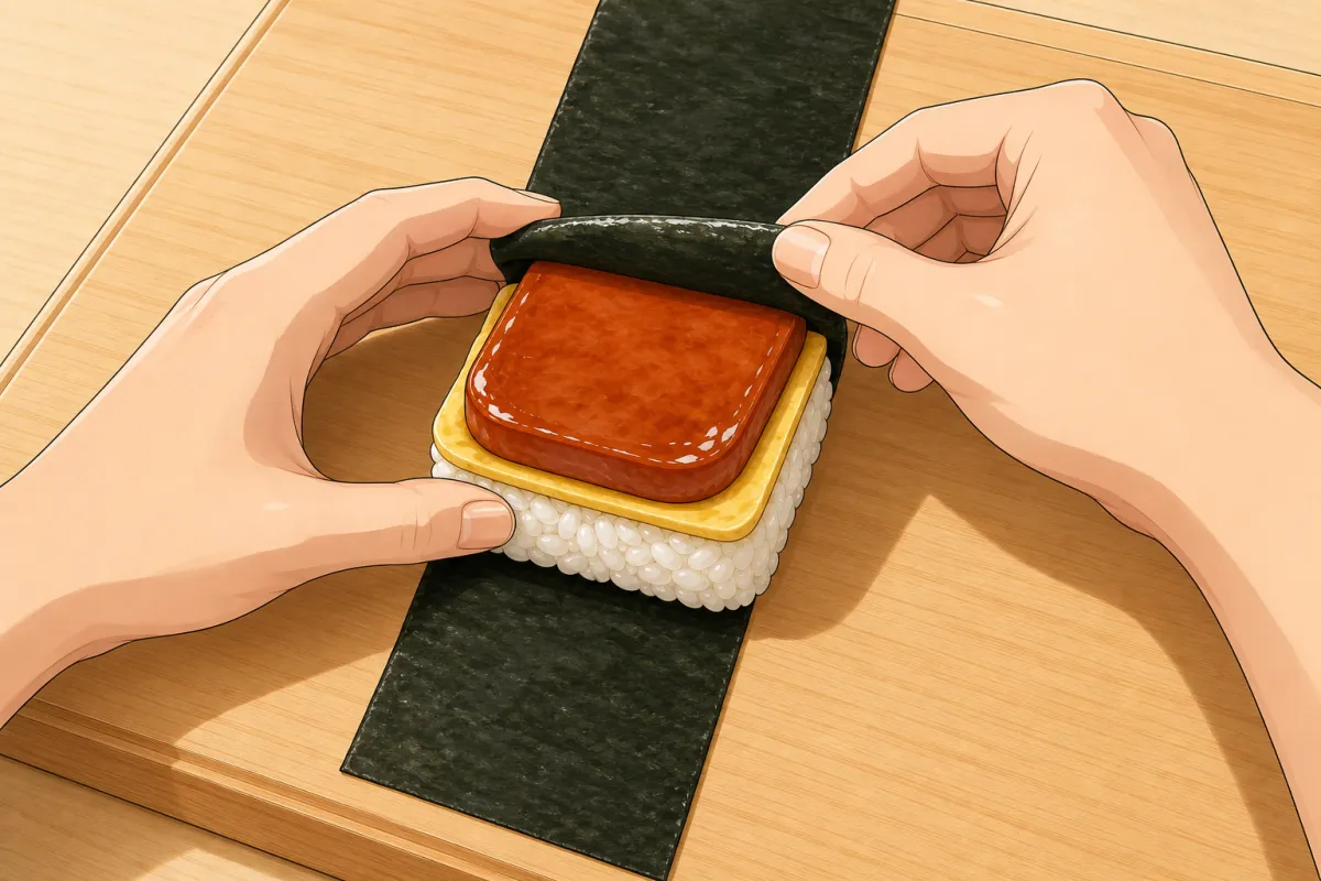 Fold one end of the nori over the top, then the other — snug, like a belt.