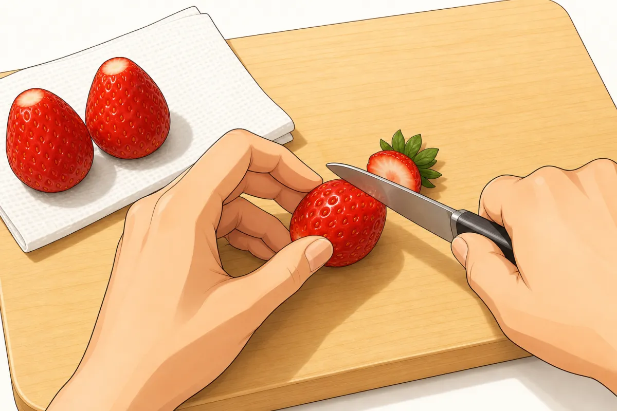 Cut the green tops off flat and pat the berries completely dry.