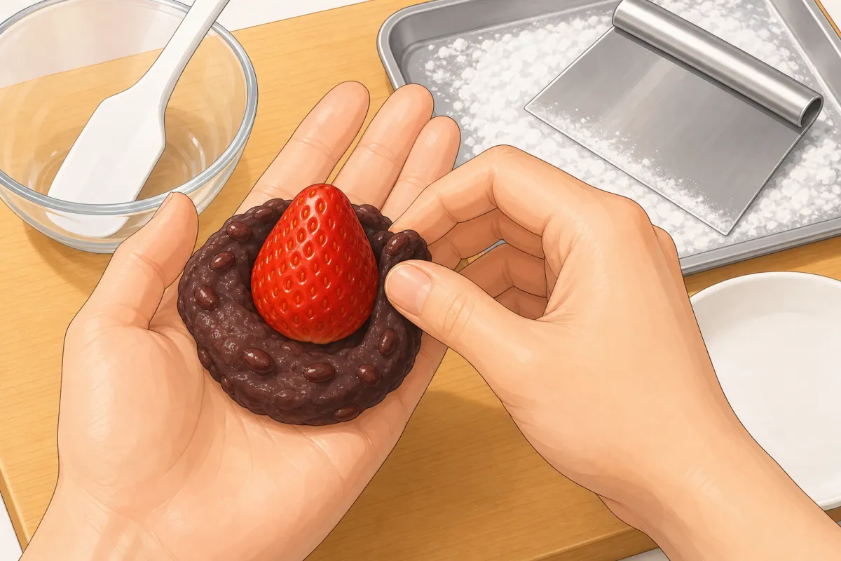 Berry cut end down on a disc of anko; push the anko up, leave the tip showing.