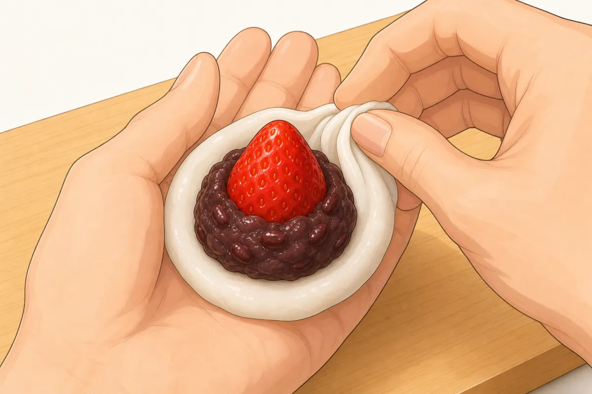 Berry tip down; pleat the edge up over it and pinch shut.