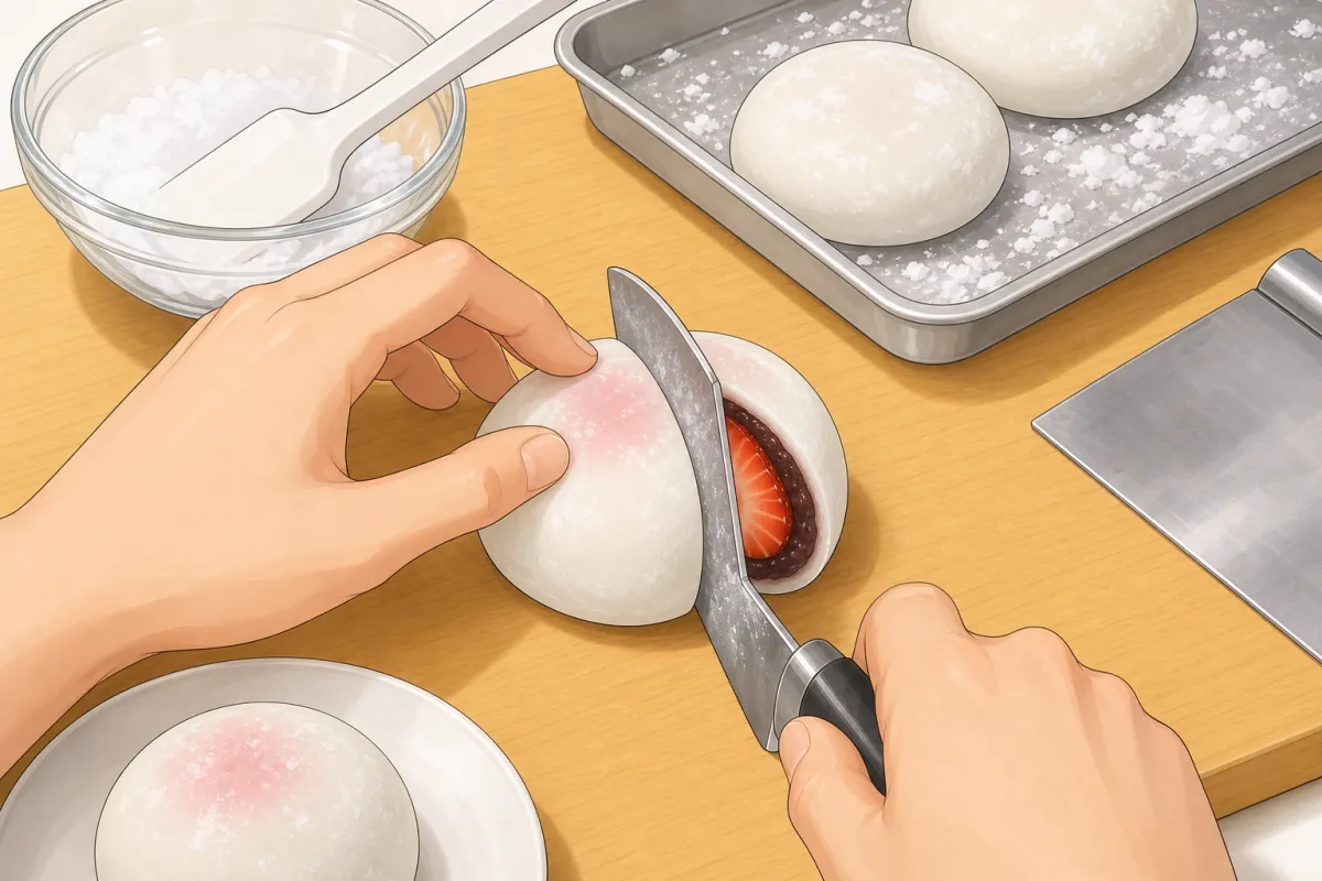 Brush off the loose starch; cut with a wet knife to show the inside.