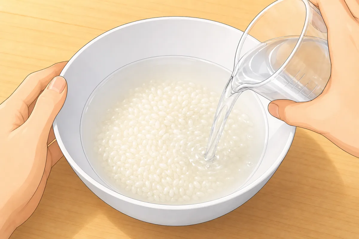 Fill, pour the cloudy water off at once — three times.