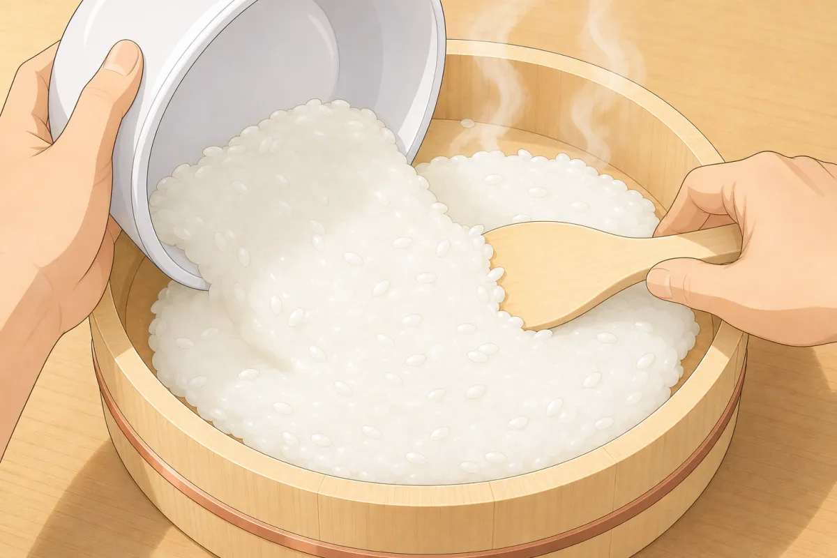 Turn the hot rice into the tub and spread it out.