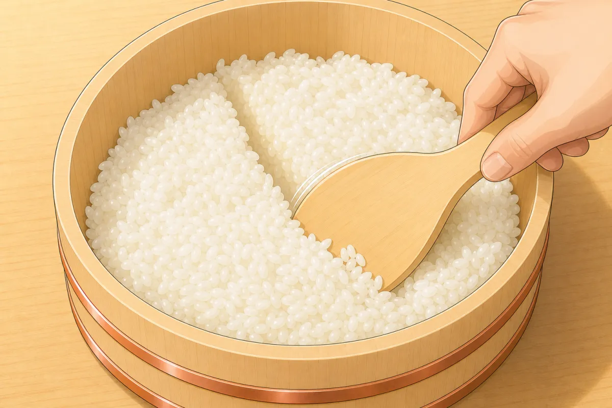 Paddle at 45°: slice through the rice — don't stir.