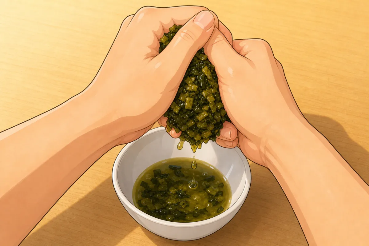 Chop the takana finely and squeeze out as much liquid as possible.