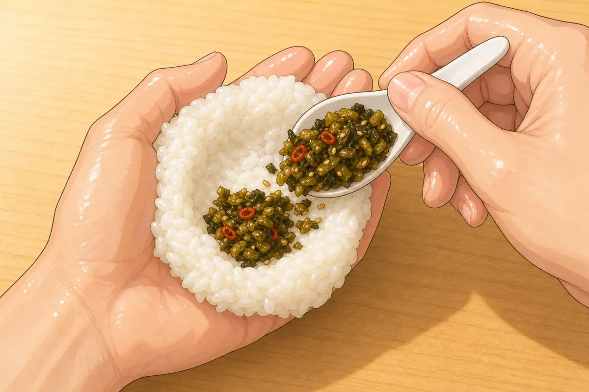 A heaped spoon of dry takana in the well, then rice to cover.