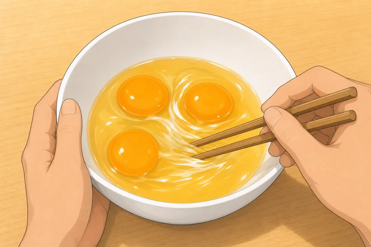 Press the chopsticks to the bottom of the bowl and cut side to side through the whites — don't whip.