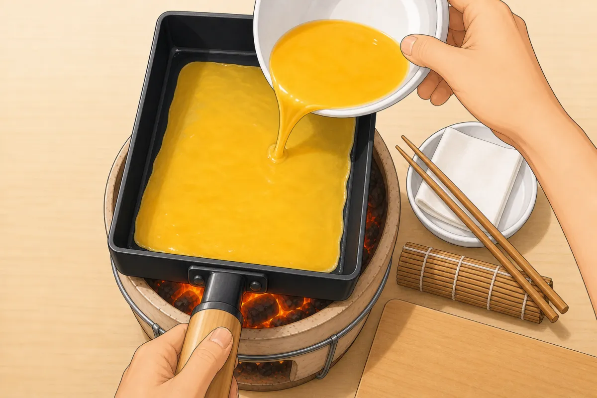 Pour in about a quarter of the egg and tilt the pan so it covers the bottom thinly.