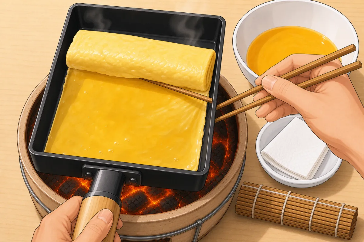 Pour in the next quarter, then lift the roll with chopsticks and tilt the pan so the raw egg runs underneath it — that's what glues the layers together.