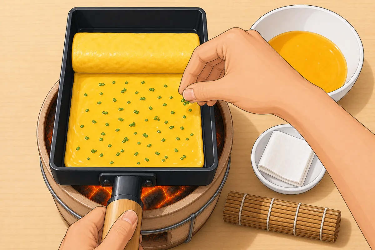 Once the bottom has just set, sprinkle the nori flakes over the new layer, then roll towards you.