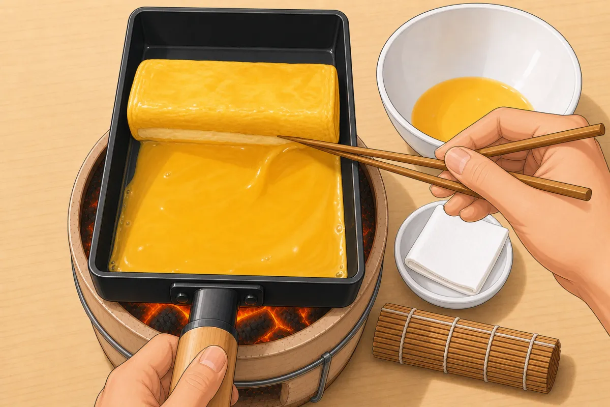 Every layer: push, oil, pour, then lift the roll so the egg runs underneath before rolling.