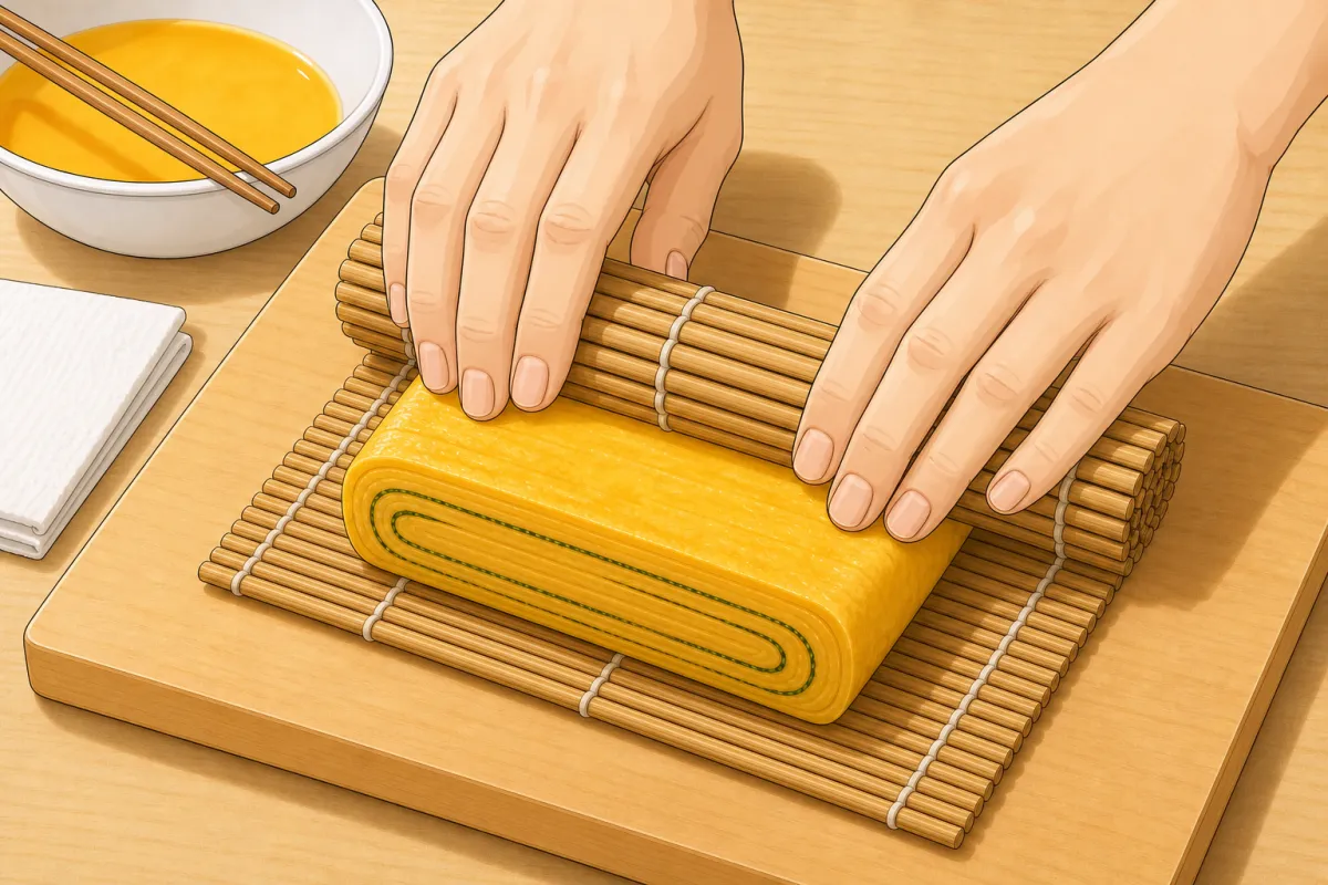 Tip the roll onto a bamboo mat, wrap it and press gently into a neat block.
