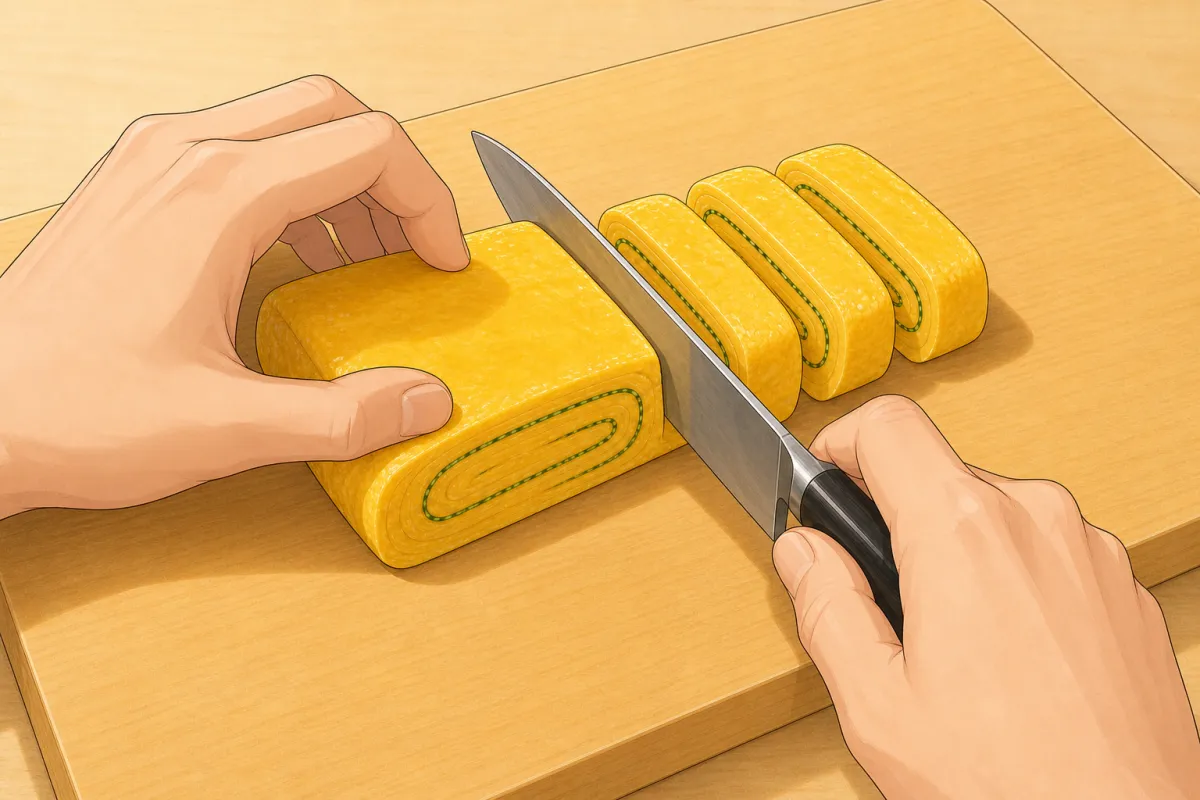 Cut into 2 cm slices with a sharp knife, steadying the block with a claw grip.